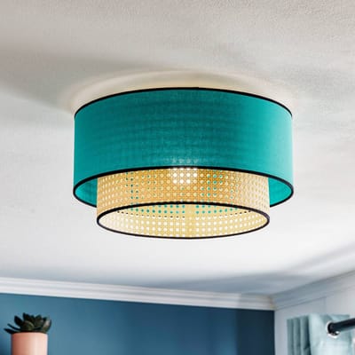 Duolla Boho-plafondlamp, petrol/hout/zwart, Ø 45 cm, textiel/rotan