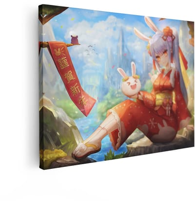 Artaza Canvas Schilderij Anime Meisje - 120x90 cm - Wanddecoratie Kimono Konijn - Muurdecoratie Meisjeskamer - Decoratie Japan