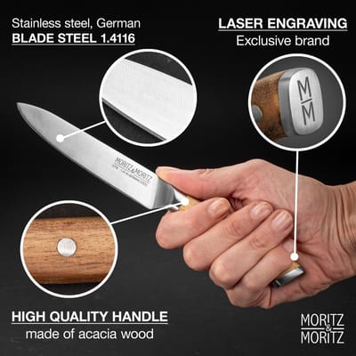 Dailygoods- Keukenmes 13 cm - Ergonomisch handvat van acaciahout - Scherp mes voor vlees/groenten - Duits staal - Professioneel keukenmes - Koksmes