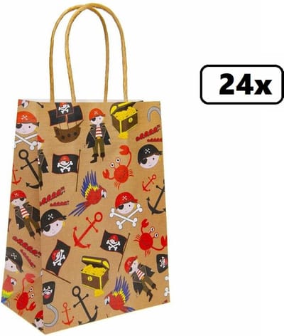 24x Koordtas Piraten 16cmx9cmx22cm - dieren - goodiebag|papieren|draagtas|tas|koord|festival|kado|themafeest|party|geschenken