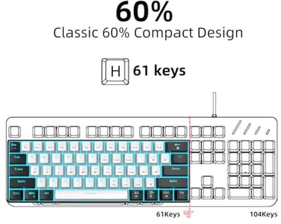 Mechanisch Gamingtoetsenbord 60% met 61 Anti-Ghosting Toetsen en Blauwe LED Achtergrondverlichting