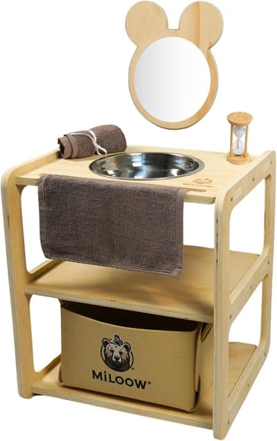 Montessori Kinderwastafel Hout met Spiegel, Zandloper en Mand - Bevordert Zelfstandigheid en Hygiëne