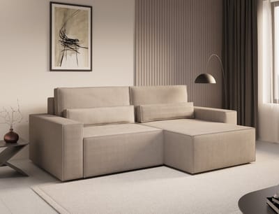 Ecksofa DENVER MINI aus Cord, Ottomane beidseitig montierbar Couch CInspireME Denver Mini Hoekbank - Slaapfunctie - 200x140 cm - Corduroy Stof - Donker beige - Poso 02