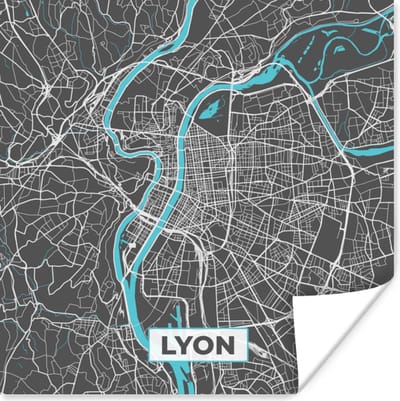 Poster Lyon - Kaart - Stadskaart - Plattegrond - Frankrijk - 100x100 cm XXL