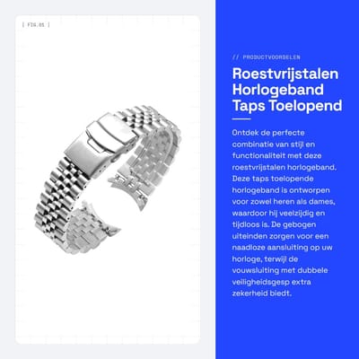Dailygoods- Horlogeband Roestvrij staal - Taps toelopend - Gebogen uiteinden - Vervangend horlogebandje - Dubbele kliksluiting - Lengte 185 mm - Horlogearmband
