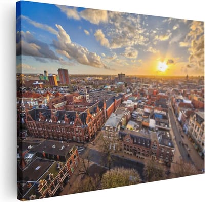 Artaza Canvas Schilderij Skyline - 40x30 cm - Klein - Wanddecoratie Zonsondergang - Muurdecoratie Groningen - Kamer Accessoires Stad