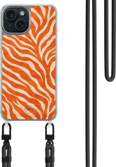 Hoesje met koord geschikt voor iPhone 13 - Zebra oranje - Inclusief zwart koord - Crossbody beschermhoes - Transparant, Oranje - Mooie Telefoonhoesjes