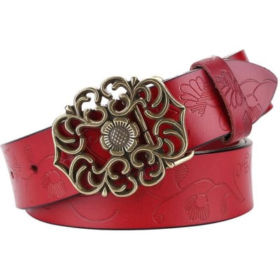 Dames Split Koeienhuid Brede Riem Vintage Bloemenreliëf, Antiek Holle Bloem Gesp, Voor Casual T-shirts Jeans 115CM rood