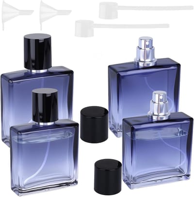 Pack van 4 navulbare parfumatomisers met trechter en dispenser - Kleurverloop blauwe parfumflessen voor reizen, unisex, 30 ml/50 ml, ideaal voor op reis en geurvernieuwing