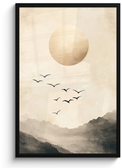 Poster in lijst - Fotolijst 60x90 cm - Posters - Landschap - Japandi - vogel - Posterlijst zwart - Decoratie - Wanddecoratie woonkamer - Muurdecoratie slaapkamer
