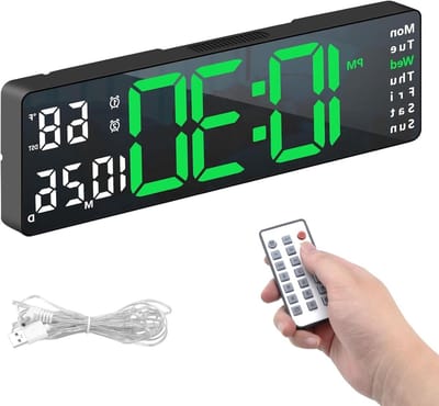 ByShane - Digitale wandklok 33 cm LED Wandklok met groot scherm en afstandsbediening - Instelbare helderheid met tijd/datum/temperatuur - Voor woonkamer keuken kantoor sportschool