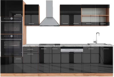 Vicco R-Line Complete keukeneenheid – 300 cm met hoge kast, WB Marmer Antraciet hoogglans/goud eiken