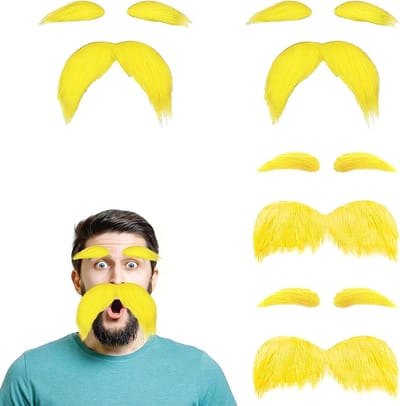 Geel Neppetje met Snor en Wenkbrauwen, 2 Sets voor Feestjes, Halloween en Verkleedpartijen, Inclusief Lijm, Retro 80's Stijl