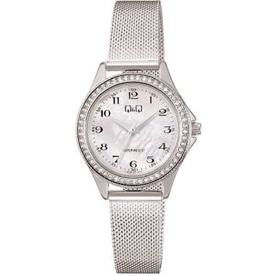 Q&Q-dameshorloge-model c80a-001-kristal-parelmoer kleur wijzerplaat-Milanese band-verstelbare band -3 atm waterdicht -diameter 30 mm
