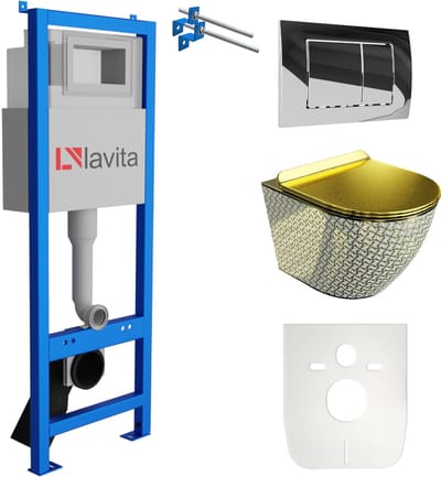LAVITA® Inbouwreservoir Complete Toiletset LAV 101 - Inbouw WC Hangtoilet Wandcloset SOFI SLIM GOLDEN NEVER DIE - Bedieningsplaat 200.1.2 Chroom - Voorwandelement voor toilet 40cm - Installatiesysteem