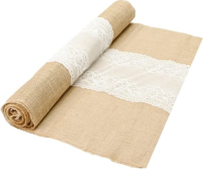 Chaks Jute tafelloper - 2x - met wit kant - 60 x 300 cm - extra breed - Tafeldecoratie versieringen