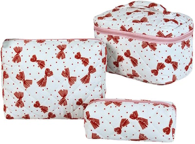 Set van 3 Make-up Tasjes Gewatteerd Bloemen Katoen – Grote Capaciteit Esthetische Cosmetische Tas & Toilettas voor Vrouwen – Reistas Organizer met Ritssluiting -Vlinder met stippen, 3-delige set [Groot + Middel + Klein]