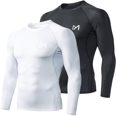 MEETYOO 2 Pack Heren Compressie Shirts Shirts Lange Mouw Atletische Training Sporten Onderhirt Basislaag-Wit_Zwart-S