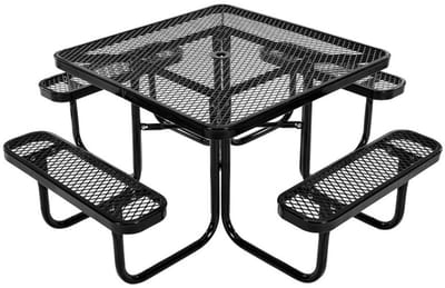 Vierkante picknicktafel met 4 banken - Tuinmeubelset - Weerbestendig - Gepoedercoat staal - Met parasolgat - Voor tuin en terras - Zwart