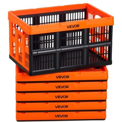 VEVOR Opvouwbare Opbergdozen 45L, Set van 6, Opvouwbare Plastic Opbergdozen, Stapelbare Opvouwbare Manden met Handvatten, 15 kg Draagvermogen per Doos, Opvouwbare Krat, Ideaal voor Huishoudelijke Organisatie, Oranje & Zwart