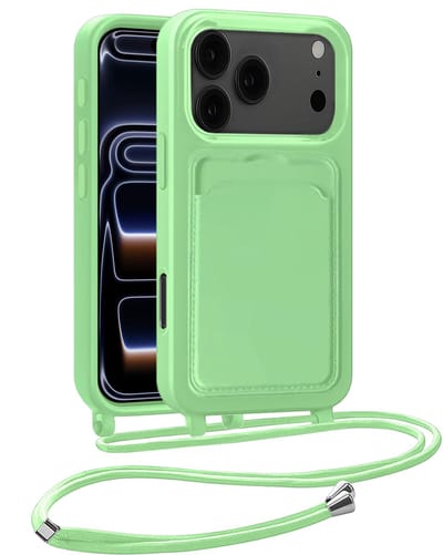 Hoesje Geschikt voor iPhone 17 Pro Max / 18 Pro Max Hoesje Met Telefoonkoord en Pasjeshouder Met 2x Screenprotector Siliconen - Hoes Geschikt voor iPhone 17 Pro Max / 18 Pro Max Hoesje Met Kaarthouder Case - Groen