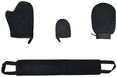 4-delige Zelfbruinende handschoenen - Exfoliërende scrubs - Verschillende maten zelfbruinende handschoenen - Inclusief zelfbruinende applicator aan de achterkant - Universeel comfort - Geschikt voor alle lichaamsdelen - Zwart