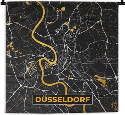 Wandkleed - Wanddoek - Düsseldorf - Goud - Stadskaart - Plattegrond - Kaart - Duitsland - 180x180 cm - Wandtapijt