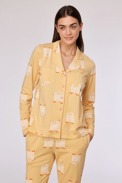 Woody pyjama dames/meisjes doorknoop - geel - kat all-overprint - 252-10-YPD-Z/940 - maat 164