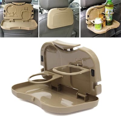 Tafel voor auto achterbank. Opvouwbaar voor drankjes en maaltijden in de auto, auto achterbank organizer met opklapbare eettafel, op achterbank, te bevestigen met bekerhouder - Beige