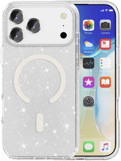 YPCd Glitter Hoesje met MagSafe Geschikt voor Apple iPhone 17 Pro Max – Flexibel TPU Backcover – Schokabsorberend & Verhoogde Randen – Transparant