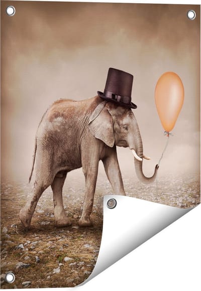 Gards Tuinposter Olifant met een Oranje Ballon - Hoedje - 40x50 cm - Tuindoek - Tuindecoratie - Wanddecoratie buiten - Tuinschilderij
