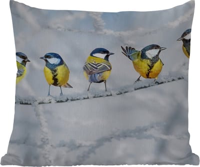 Tuinkussen - Vogel - Koolmees - Winter - Sneeuw - Takken - 40x40 cm - Weerbestendig