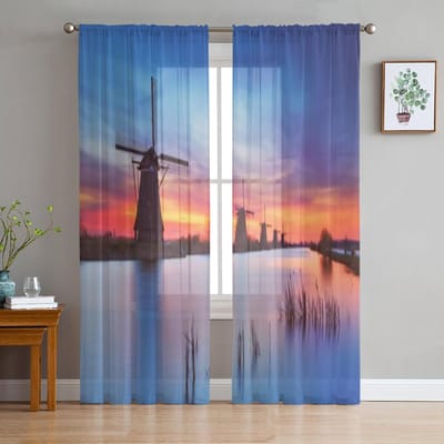 Traditionele Nederlandse Windmolens Met Lucht Net Voor Zonsopgang Transparante Gordijnen Woonkamer Tule Raamgordijn Slaapkamer Keuken Gordijnen 135W x 114H(cm)