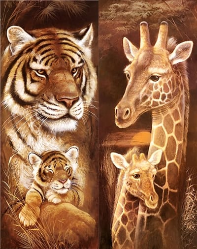 Diamond painting 2 luik - Giraffe en Tijger - 2x 30x70cm - ronde steentjes - volledig beplakt - Diamond painting by Wietske