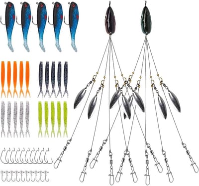 Alabama Rig voor Vissen met 20 Swimbaits, 5 Rubber Baits en 10 Jig- en Offset Haken voor Snoek, Zander en Baars