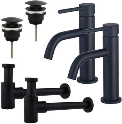 FugaFlow Eccelente Sobrado Badkamer Slim Wastafelkraanset - voor dubbele wastafel - lage wastafelkraan - klikwaste plug - verlaagde design sifon - Mat zwart