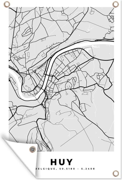 Muurdecoratie Plattegrond – Huy – Zwart Wit – Stadskaart - Kaart - 120x180 cm - Tuinposter - Tuindoek