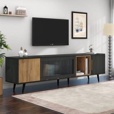 REDOM - TV-kast - MDF - met neerklapbare glazen deur en open vak - 200*40*55.5cm(L*W*H) grey+brown