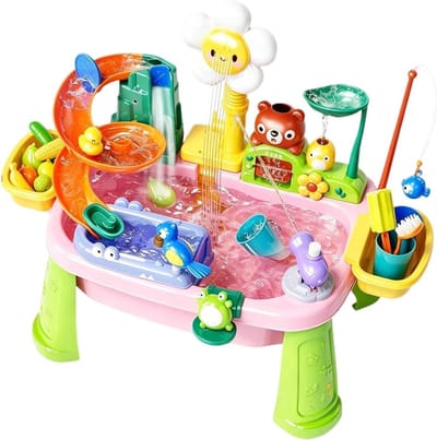Watertafel - Speelgootsteen - Buiten spelen - Elektrische kraan - 45 x 15 x 335 cm - Roze
