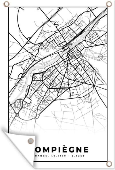 Muurdecoratie Plattegrond - Compiègne - Frankrijk - Stadskaart - Kaart - Zwart wit - 120x180 cm - Tuinposter - Tuindoek