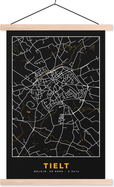Posterhanger incl. Poster 40x60 cm - Schoolplaat - Stadskaart - Kaart - Tielt - Goud - Plattegrond - Textielposter - Blanke latten - Stadskaart