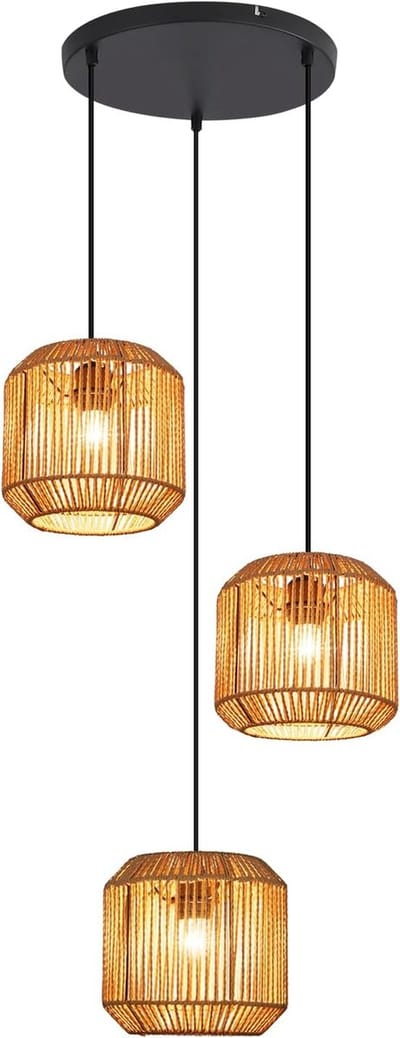 Glitzerlife - Hanglampen - Boho Retro-stijl - 3xE27 - Laternenvormig Handgeweven - Ø21cm - Papierkoord Metaal - Hoogte Verstelbaar - Hanglamp Eetkamer Woonkamer Slaapkamer