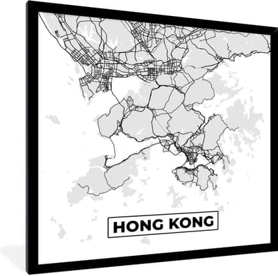Fotolijst incl. Poster Zwart Wit- Hong Kong - Stadskaart - Zwart Wit - Plattegrond - Kaart - 40x40 cm - Posterlijst