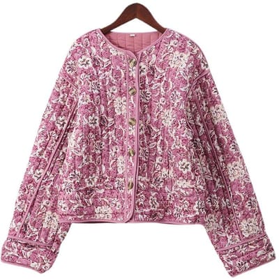 Herfst Winter Bloemenprint Dames Gewatteerd Jasje Verdikt Opstaande Kraag Warm Katoenen Jas Modieuze Dames Street Bovenkleding L