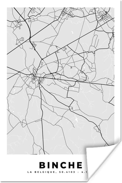 Poster Zwart Wit – België – Plattegrond – Stadskaart – Kaart – Binche - 120x180 cm XXL