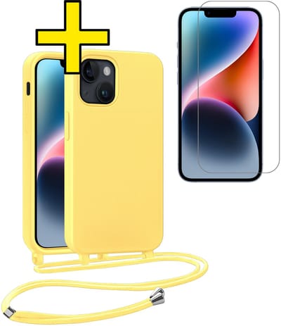 Hoesje Geschikt voor iPhone 13 Mini Hoesje Met Koord Met Screenprotector Siliconen Case - Hoes Geschikt voor iPhone 13 Mini Backcover Met Afneembaar Koord - Geel