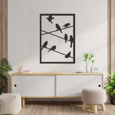 Wanddecoratie Vogels Op Draad - Muurdecoratie Vogels Op Draad - Muurdecoratie Hout - Wanddecoratie Hout - Muurdecoratie Woonkamer - Wanddecoratie Woonkamer - Wanddecoratie Industrieel - Wanddecoratie Dieren - Home Decor - Wall Line Art - 83.5 x 59 cm