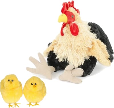 Pluche kip knuffel - 23 cm - multi kleuren - met 2x gele kuikens van 7 cm - kippen familie - Pasen decoratie/versiering
