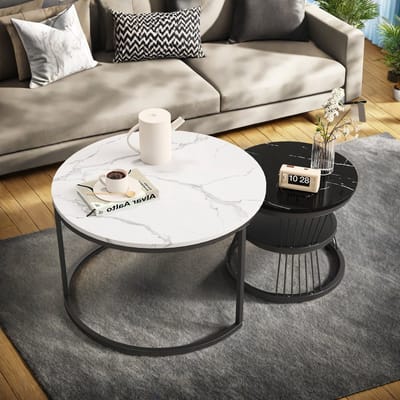 Set van 2 bijzettafels, moderne ronde salontafels met planken en opbergruimte, bijzettafels voor banken, meubels voor de woonkamer, L 70 x 70 x 45,5 cm, S 45 x 45 x 40 cm