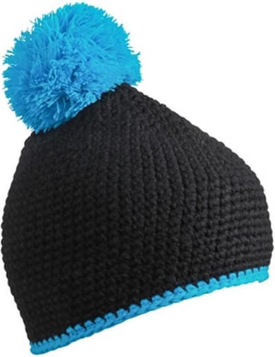 Myrtle Beach - Unisex Contrasterende Gestreepte Muts met Pompom (Zwart/Turquoise)